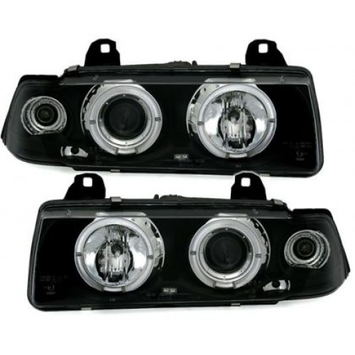 Кристални фарове за BMW E36  Angel Eyes (91-99) 2d coupe - черни