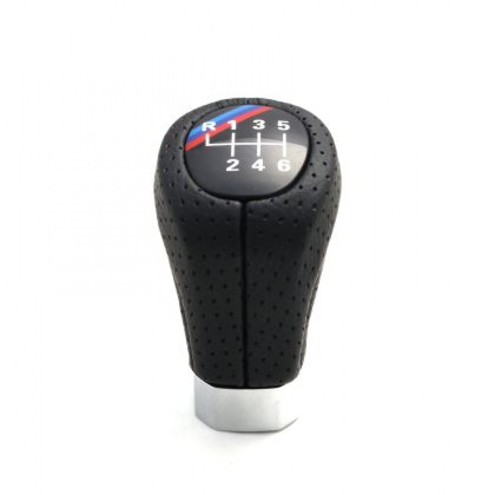 Топка за скоростен лост за BMW с 6 скорости - черна кожа със сини и червени черти //M