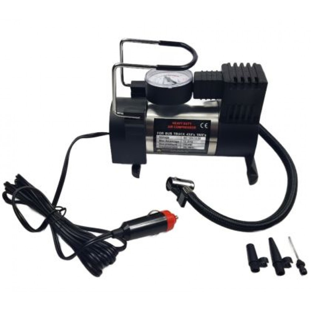 Компресор за гуми 12V, 120W, 10A с манометър, с букса за запалка и 3 приставки