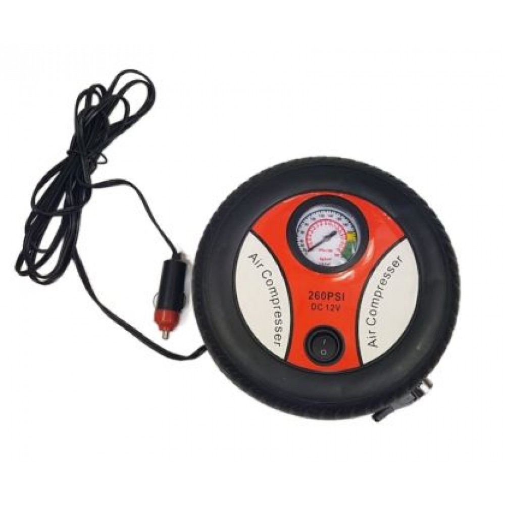 Компресор за гуми с манометър, 12V с букса за запалка - кръгъл