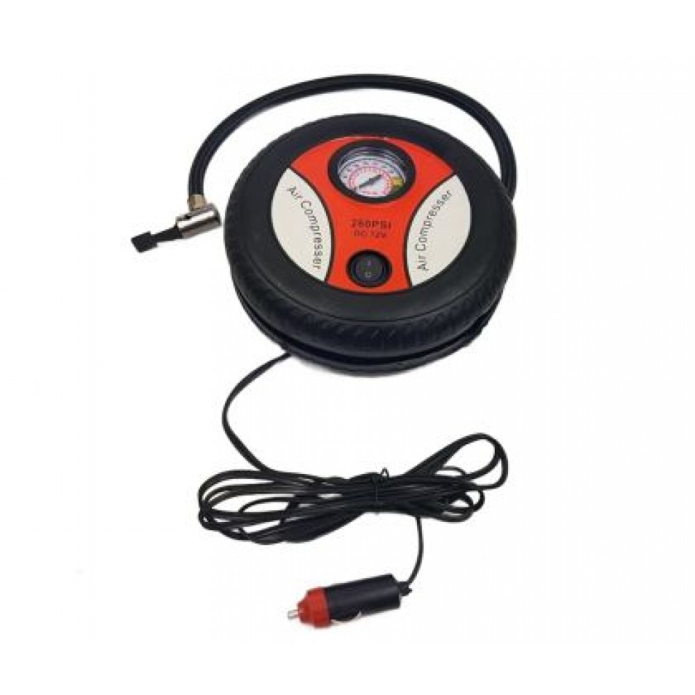 Компресор за гуми с манометър, 12V с букса за запалка - кръгъл
