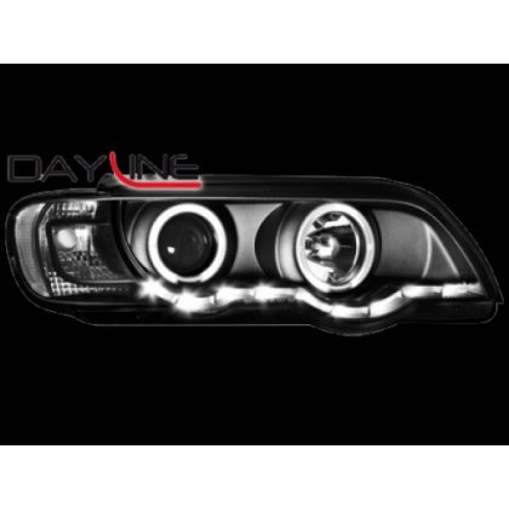 Кристални фарове с дневни светлини и ангелски очи за BMW X5  (1999-2003) - черни