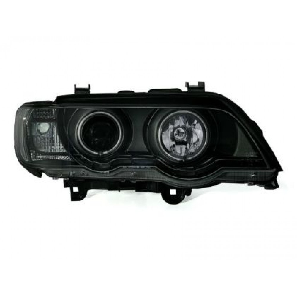 Кристални фарове с дневни светлини и ангелски очи за BMW X5  (1999-2003) - черни
