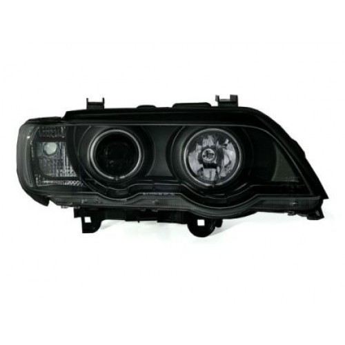 Кристални фарове с дневни светлини и ангелски очи за BMW X5  (1999-2003) - черни