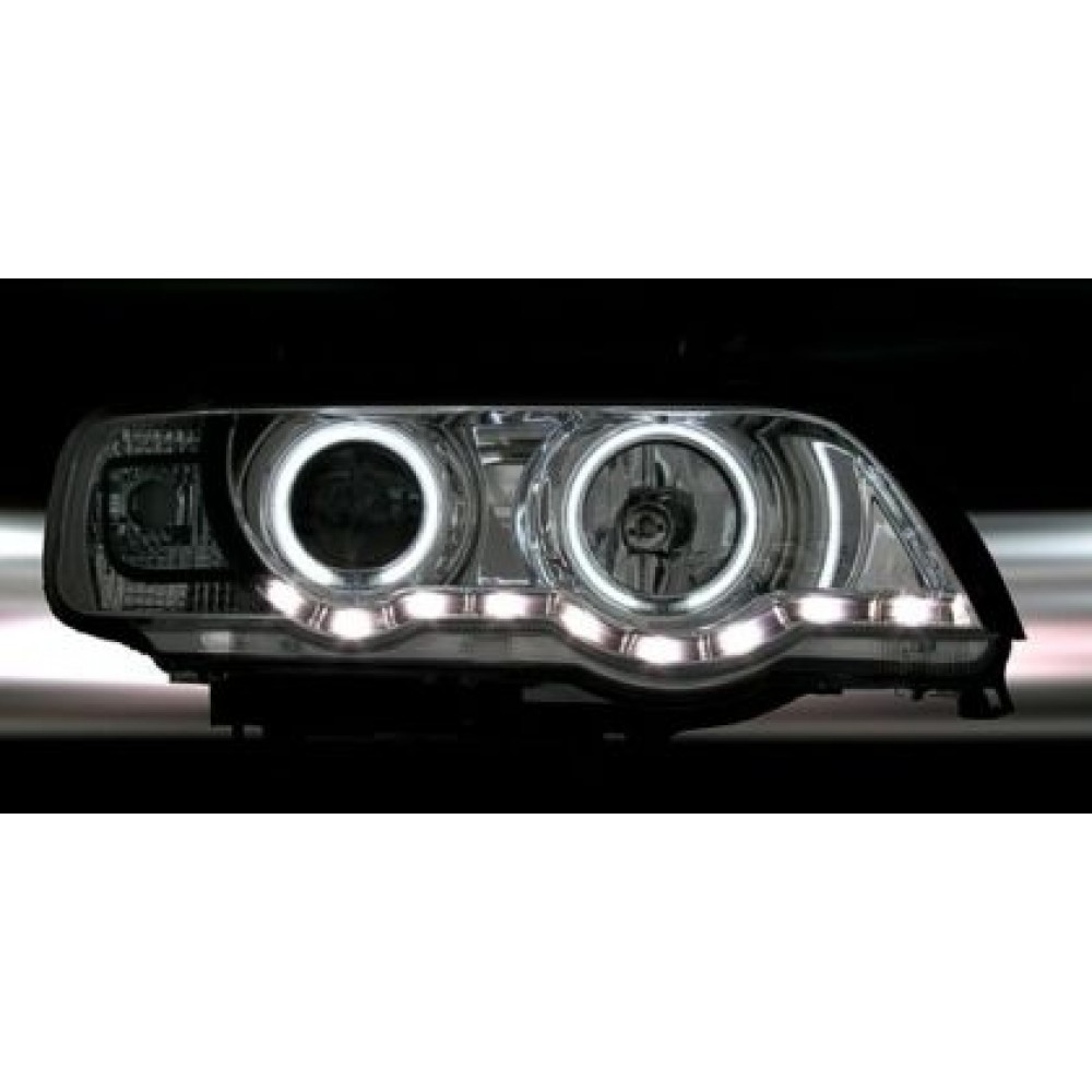 Кристални фарове с дневни светлини и ангелски очи за BMW X5  (1999-2003) - черни
